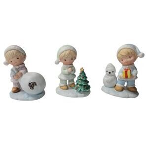 Vintage HOMCO Set of 3 CHILDREN Porcelain Figurines Tree, Snowman, Toy Bag #5613